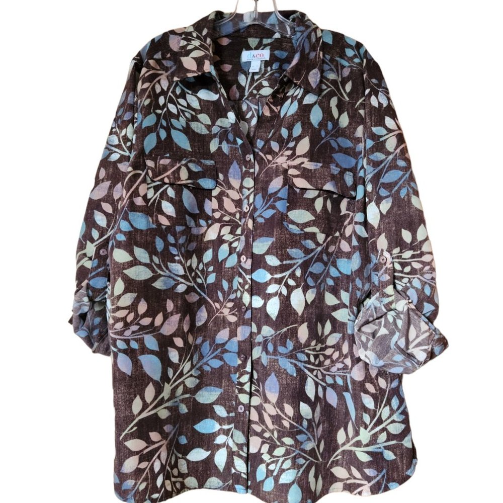 Denim & Co. Printed Woven Button Front Roll Tab Sleeve Tunic - Brown - Size XL